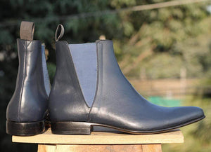 Handmade Navy Blue Leather Chelsea Ankle Boots - leathersguru