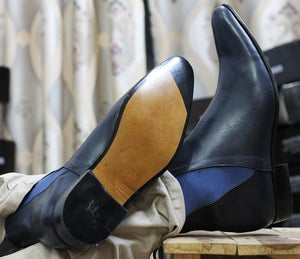 Handmade Navy Blue Leather Chelsea Ankle Boots - leathersguru