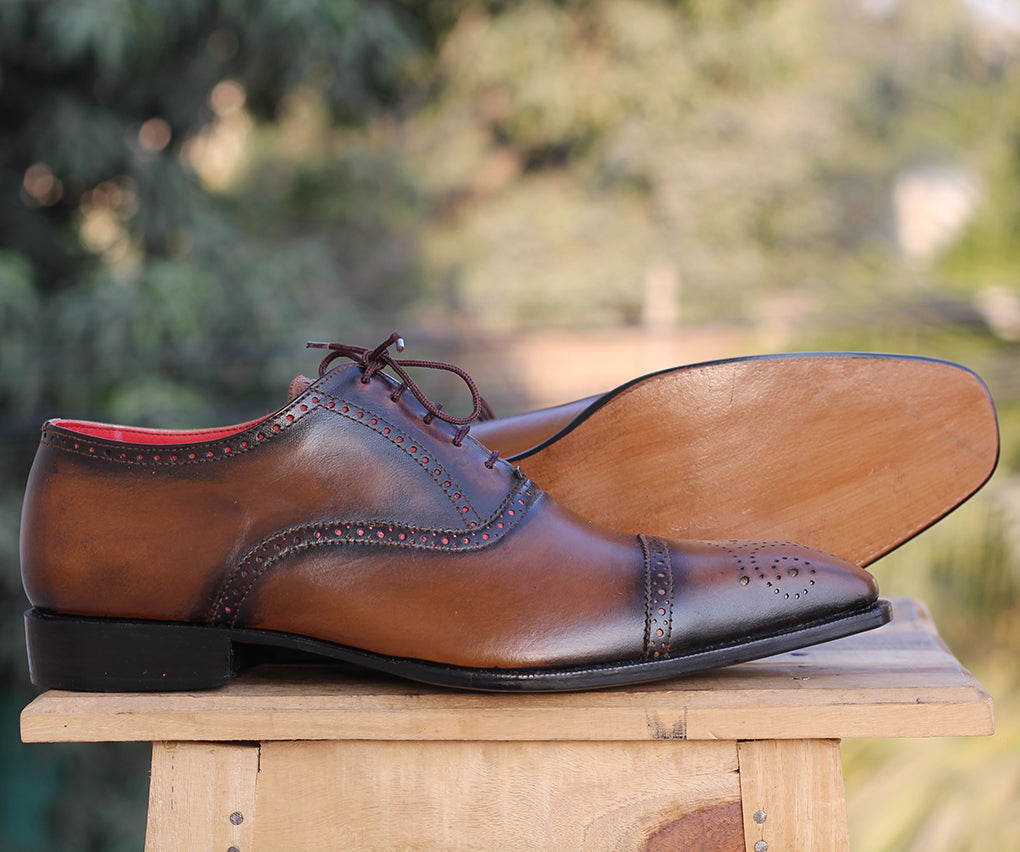 Bespoke Brown Leather Cap Toe Lace Up Shoe for Men - leathersguru