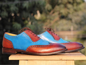 Handmade Brown Blue Wing Tip Lace Up Leather Shoe - leathersguru