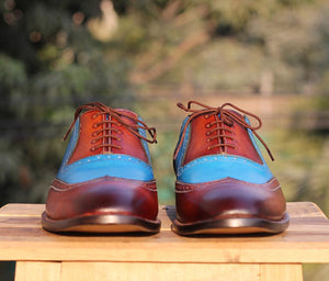 Bespoke Sky Blue&Tan Leather Wing Tip Lace Up Shoes for Men's - leathersguru