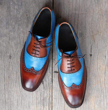 Load image into Gallery viewer, Handmade Brown Blue Wing Tip Lace Up Leather Shoe - leathersguru
