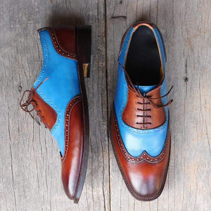 Handmade Brown Blue Wing Tip Lace Up Leather Shoe - leathersguru