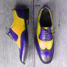 Load image into Gallery viewer, Bespoke Yellow &amp; Blue Leather Wing Tip Lace Up Shoes for Men&#39;s - leathersguru

