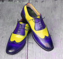 Bespoke Yellow & Blue Leather Wing Tip Lace Up Shoes for Men's - leathersguru