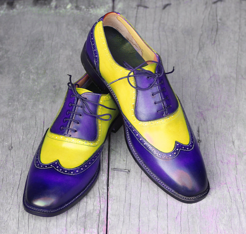 Bespoke Yellow & Blue Leather Wing Tip Lace Up Shoes for Men's - leathersguru