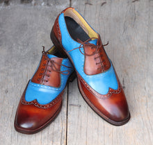 Load image into Gallery viewer, Bespoke Sky Blue&amp;Tan Leather Wing Tip Lace Up Shoes for Men&#39;s - leathersguru
