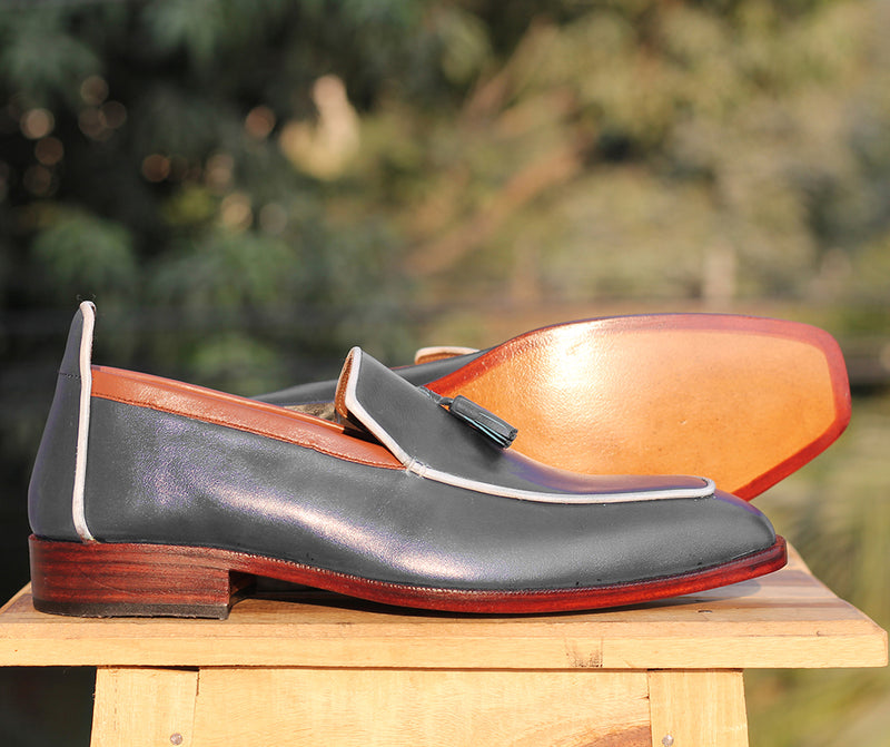 Bespoke Gray White Leather Tussle Loafer Shoe for Men - leathersguru