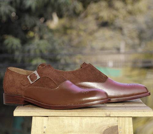 Bespoke Brown Suede Leather Monk Strap Shoe for Men - leathersguru
