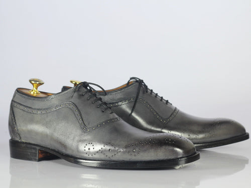 Handmade Gray Leather Wing tip Brogue Lace Up Shoe - leathersguru