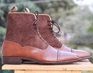 Handmade Brown Ankle Cap Toe Leather Suede Boot - leathersguru