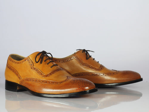 Handmade Tan Brown Leather Wing Tip Lace Up Shoes For Men's - leathersguru