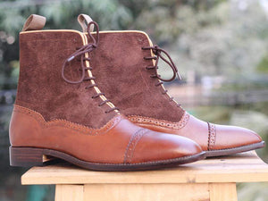 Handmade Brown Ankle Cap Toe Leather Suede Boot - leathersguru