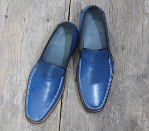 Handmade Blue Leather Loafers Shoe For Men's - leathersguru