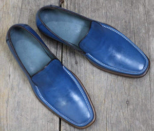 Handmade Blue Leather Loafers Shoe For Men's - leathersguru