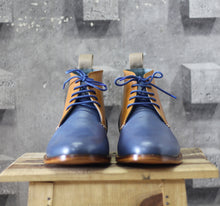 Load image into Gallery viewer, Bespoke Tan Blue Chukka Leather Lace Up Boots - leathersguru
