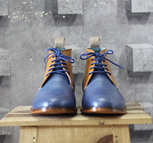 Bespoke Tan Blue Chukka Leather Lace Up Boots - leathersguru