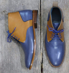 Handmade Tan & Blue Half Ankle Leather Boots - leathersguru