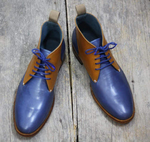 Handmade Tan & Blue Half Ankle Leather Boots - leathersguru