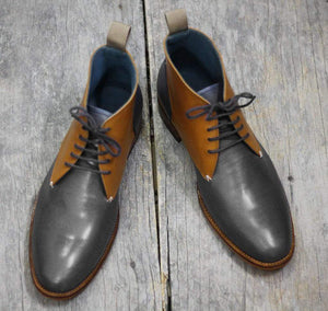 Men's Tan & Black Half Ankle Leather Boots For Men's - leathersguru