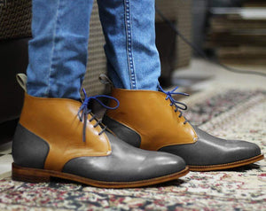 Men's Tan & Black Half Ankle Leather Boots For Men's - leathersguru