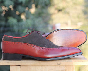Men's Burgundy Gray Wing Tip Brogue Leather Suede Shoe - leathersguru