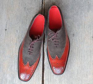 Bespoke Tan Black Wing Tip Leather Suede Shoes for Men's - leathersguru