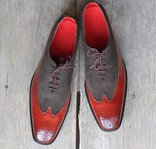 Load image into Gallery viewer, Men&#39;s Burgundy Gray Wing Tip Brogue Leather Suede Shoe - leathersguru
