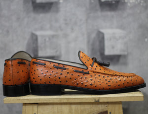 Bespoke Tan Ostrich Leather Tussle Loafer For Men's - leathersguru