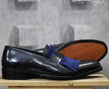 Load image into Gallery viewer, Men&#39;s Fringe Black &amp; Blue Leather Loafers Shoe - leathersguru

