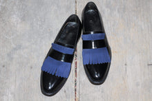 Load image into Gallery viewer, Men&#39;s Fringe Black &amp; Blue Leather Loafers Shoe - leathersguru
