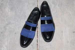 Men's Fringe Black & Blue Leather Loafers Shoe - leathersguru