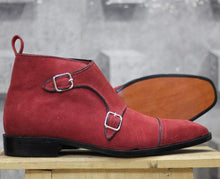 Load image into Gallery viewer, Men&#39;s Maroon Cap toe Double Monk Suede Shoe - leathersguru
