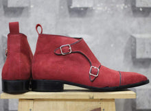 Load image into Gallery viewer, Men&#39;s Maroon Cap toe Double Monk Suede Shoe - leathersguru
