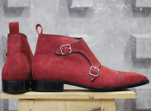 Men's Maroon Cap toe Double Monk Suede Shoe - leathersguru