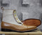Men's Brown Beige Button Top Cap Toe Leather Boots - leathersguru