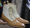 Men's Brown Beige Button Top Cap Toe Leather Boots - leathersguru