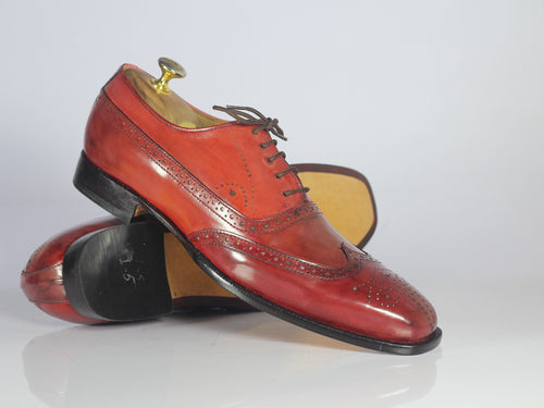 Handmade Red Leather Wing Tip Brogue Shoes - leathersguru