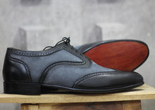 Load image into Gallery viewer, Bespoke Black Gray Leather Suede Wing Tip Shoes - leathersguru
