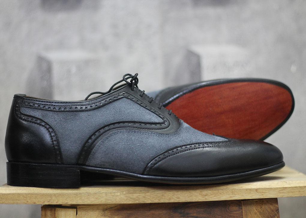 Bespoke Black Gray Leather Suede Wing Tip Shoes - leathersguru
