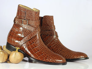 Ankle High Brown Jodhpurs Crocodile Leather Boot - leathersguru