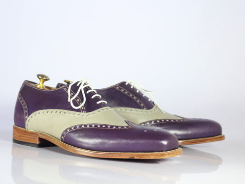 Bespoke Purple & Gray Leather Wing Tip Shoes For Men's - leathersguru