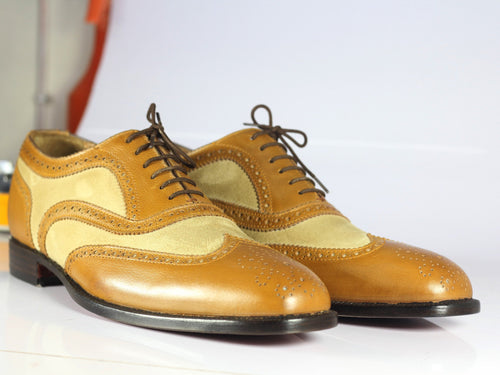 Bespoke Tan & Beige Leather Suede Wing Tip Shoes For Men's - leathersguru