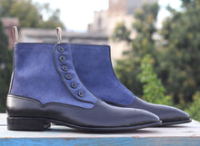 Load image into Gallery viewer, Ankle Black Blue Button Top Leather Suede Boots - leathersguru
