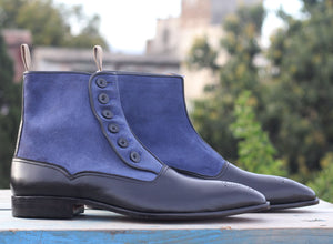 Ankle Black Blue Button Top Leather Suede Boots - leathersguru