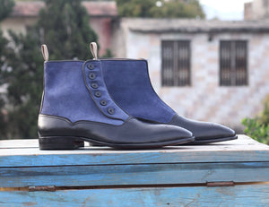 Ankle Black Blue Button Top Leather Suede Boots - leathersguru