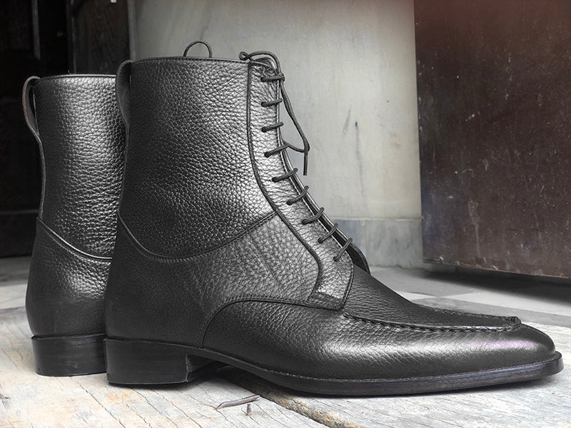 Bespoke Black Tweed Leather Ankle High Boot - leathersguru