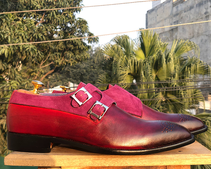 Bespoke Burgundy Purple Leather Suede Monk Strap Shoes - leathersguru