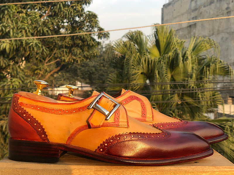 Bespoke Tan Burgundy Leather Wing Tip Buckle up Shoes for Men's - leathersguru