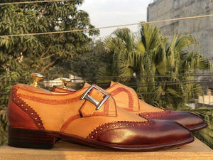 Men's Tan Burgundy Wing Tip Monk Leather Shoes - leathersguru